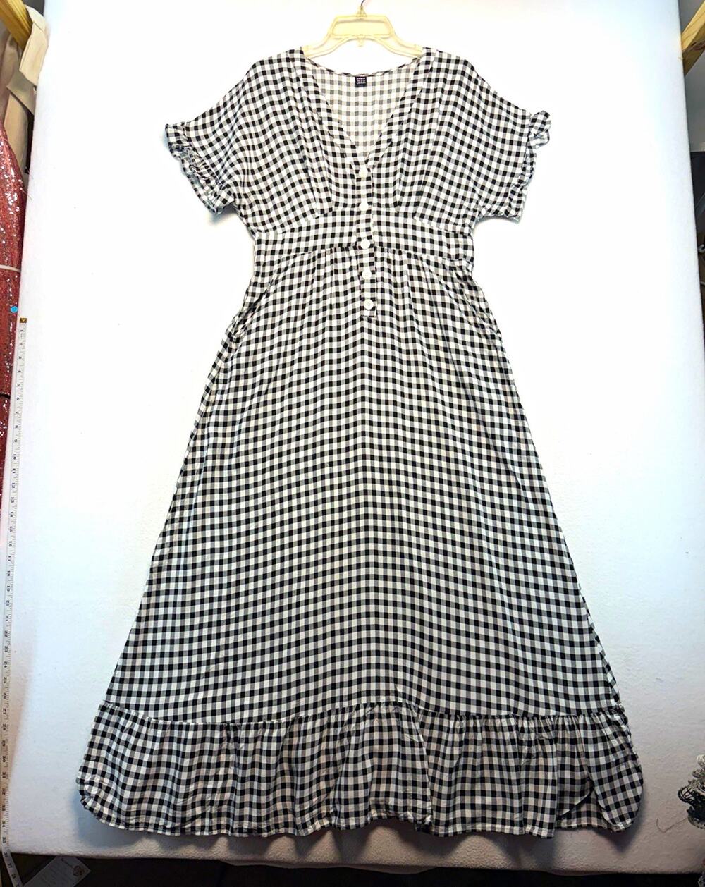 Cottagecore Women XL 12 Black White Gingham V-Neck Midi A-Line Dress feminine ￼